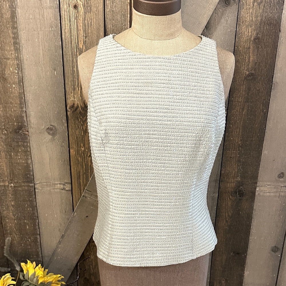 Carmen Marc Valvo Sleeveless Metallic Silver Grey Beaded Blouse Size 8 - Picture 1 of 14